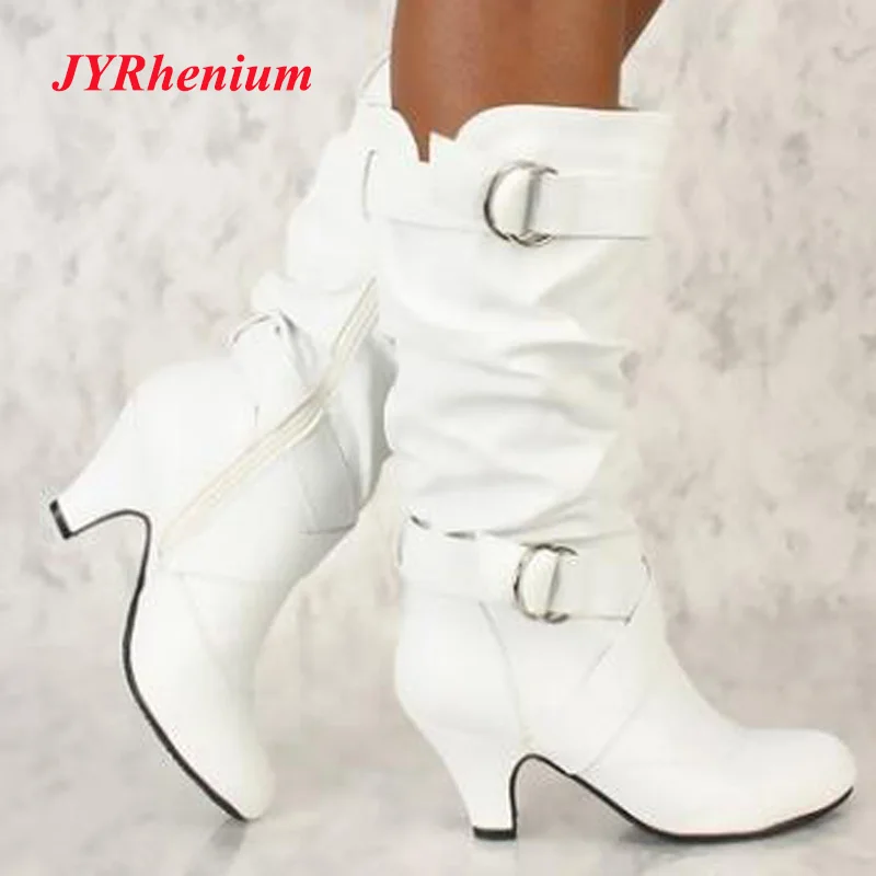 Kopen JYRhenium 2018 Nieuwe Mode Plus size 34 43 vrouwen Laarzen Knie Hoge Effen Kleur Rijlaarzen Vrouwen Zip vrouwen Schoenen Zwart Wit