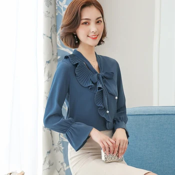 

Bowknot V-neck Chiffon Camisas Mujer Clothes For Women Fashion Wild Ruffles Blusas Feminina Elegant Office Lady Women's Shirt