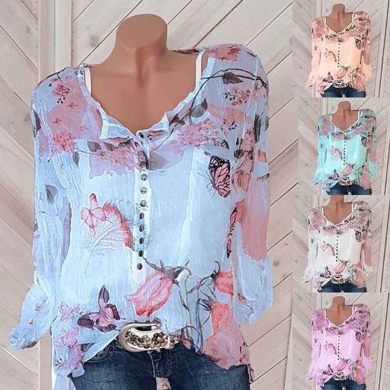 Blouse Women Summer Chiffon wrinkle translucent V-neck Shirt Sleeves Print Blusas Plus Size Womens Tops And Blouses 3xl 4xl 5xl