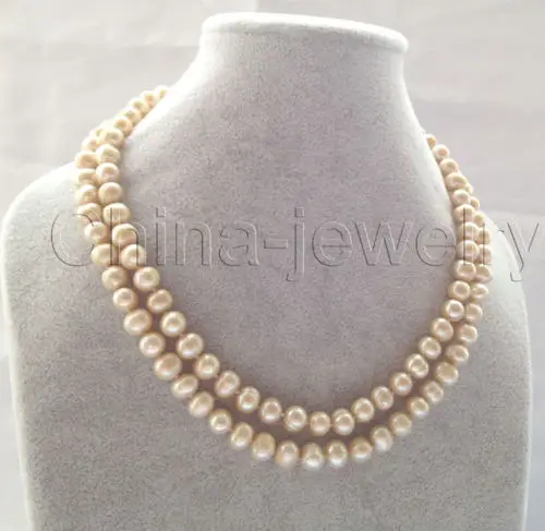 

FREE SHIPPING>>>@@ > Hot ! 18-19" 2row 8-9mm champagne round freshwater pearl necklace - GP clasp^^^@^Noble style Natural Fine j