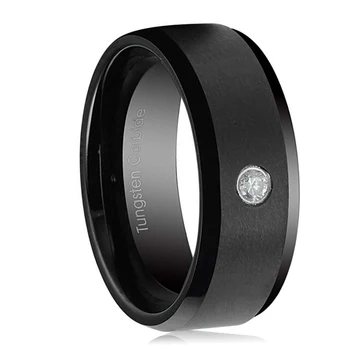 

Customize 8mm Mens Black Wedding Band Matte Beveled Edge Tungsten Carbide Rings with White CZ Comfort Fit - No Stock
