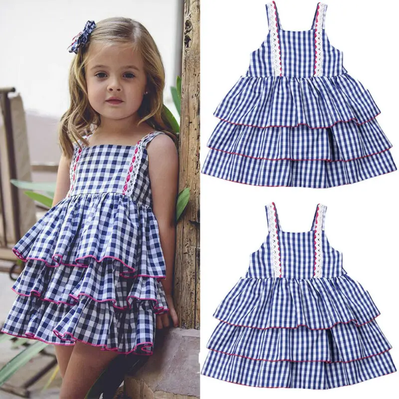 

Summer Baby Kids Toddler Girl Dress Clothes Newborn Cotton Princess Party Cocktail Sleeveless Dress Plaid Ruffle Outfits Set