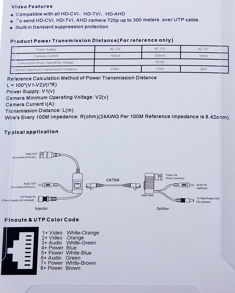 RJ45 UTP кабель CCTV видео BNC балун инжектор и сплиттер для 720P 1080P AHD TVI CVI камера