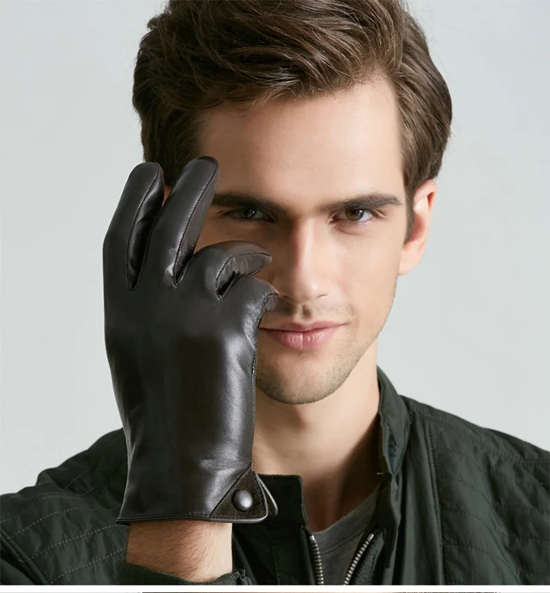 Men's Fashion Genuine Leather Gloves Thin/ Thick Plush Winter Warm Sheepskin Full Finger Touch Screen Driving Gloves Mittens L75