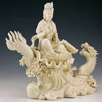 

Crafts statue Collection Fine Chinese Handwork Carved Porcelain Dragon Kwan-yin Big Statue