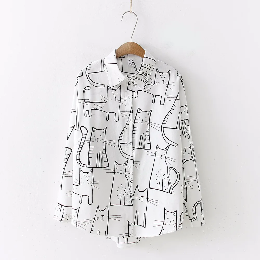 2019 New Arrival Cartoon Cat Print Button Up Blouse Long Sleeve Turn Down Collar Shirt Sweet Girls Loose Plus Size Top T93905F 3