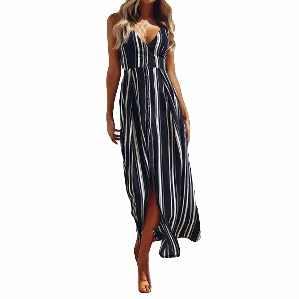 

JAYCOSIN clothes Womens Stripe Dresses female Sleeveless Blackless Fashion Lady Beach Summer Stripe Navy Dress