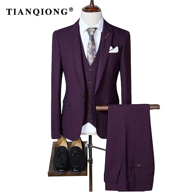 TIAN QIONG, высокое качество, мужские костюмы, модные, в полоску, мужские, приталенный, деловой, свадебный костюм, мужской свадебный костюм(блейзеры+ жилет+ брюки