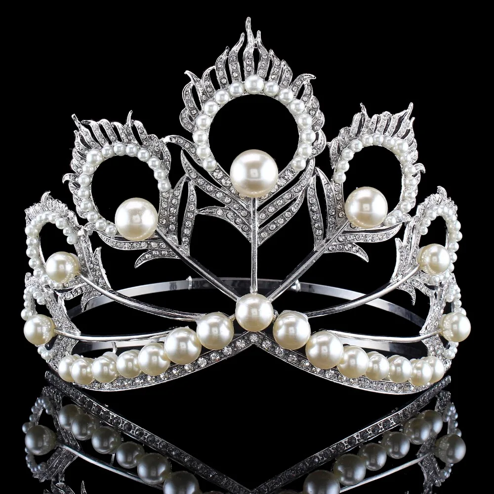 

New Arrival Big Size 2017 Miss Universe Same Crown Full Round Adjustable Silver Pearl Peakcock Feather Tiara Pageant