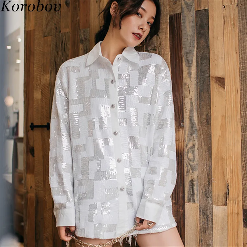 

Korobov 2019 Spring Auttum Streetwear Shirts Sequined Patchwork Korean Blouse Turn-down Collor Vintage Casual Blusas 76635