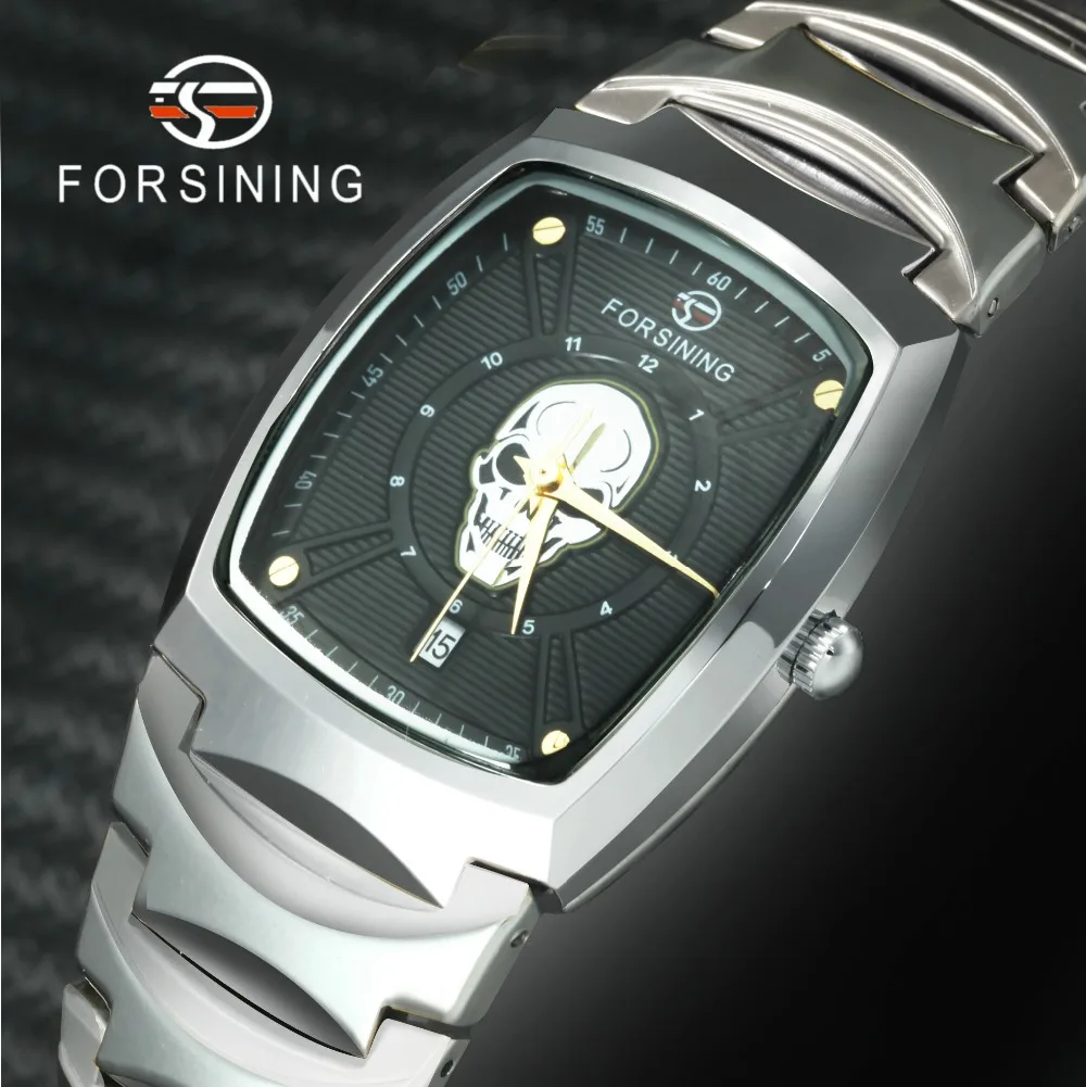 

FORSINING Luxury Brand Fashion Men Watches Quartz Skull Wrist Watch Stainless Steel Strap Casual Business Date Analog Male Clock