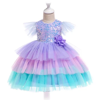 

Flower Sequins Baby Girls Princess Dress Rainbow Lotus Leaf Sleeve Cupcake Girl Dresses For Halloween Costume Kids Dress