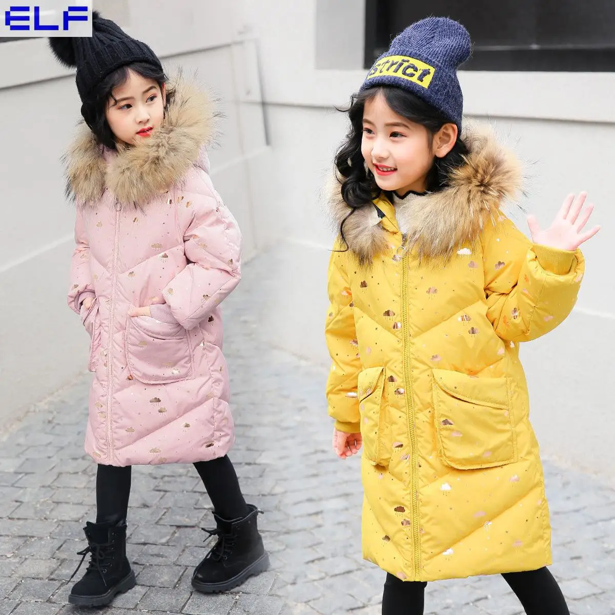 

NEW Winter Girls Thickened Printing Down Jackets Kids Big Fur Collar Hooded Coats Children Warm Comfortable Windproof Jacket