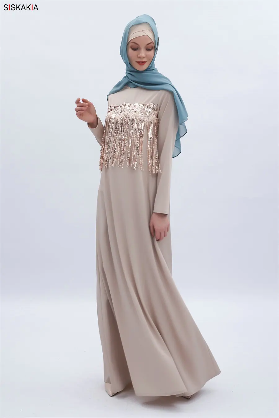 Siskakia Muslim Long Dress Beige Fashion Tassel Sequins Patchwork Casual Maxi Dresses Long Sleeve Arabian Clothes Summer