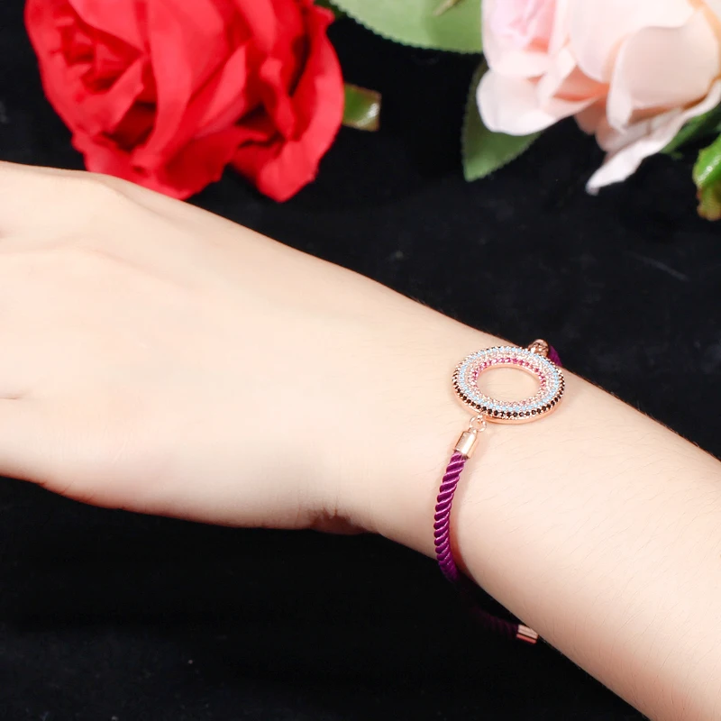 CWWZircons Adjustable Size Rose Gold Color Hollow Round Micro Paved Cubic Zirconia Charm Red Rope Bracelets for Women CB040|Браслеты с