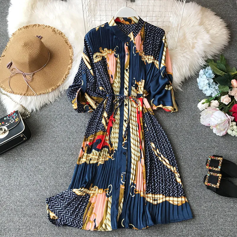 

Women's summer print shirt dress long sleeve stand collar waist tie print dress loose chiffon pleated dress large size fashion