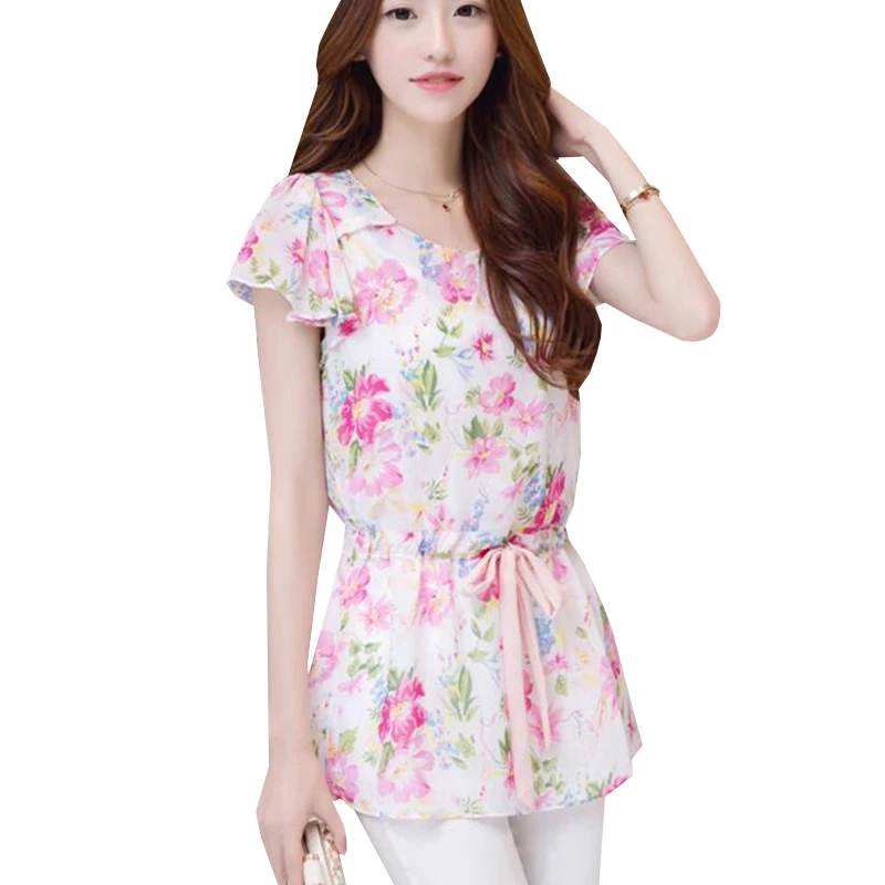 

2017 New Summer Women Blouse Casual Short Sleeve Lace Up Chiffon Tops Elegant Slim Floral Print Shirts Blusas Plus Size AB268