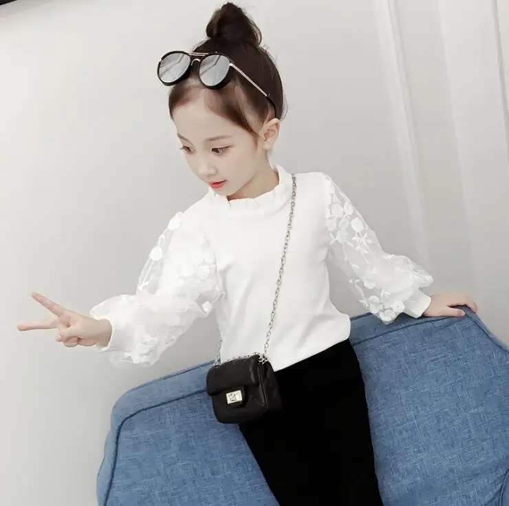 

2018 hot sale girls cotton lace t-shirt fashion autumn spring girls top 5-10t A143