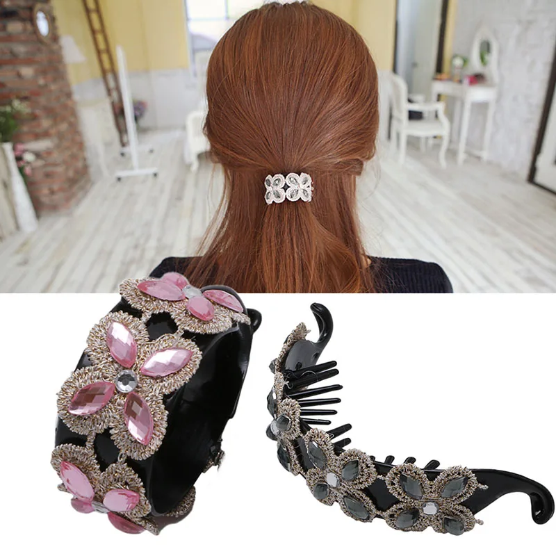 

Women Rhinestone Gem Flower Hair Clip Claw Scrunchie Ponytail Hairband Holder