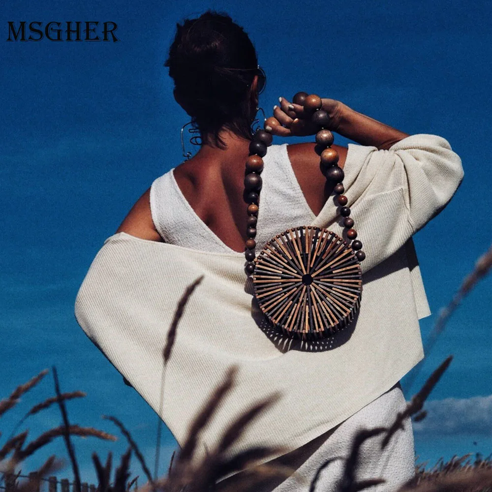 

MSGHER Bamboo Basket Bag Woven Summer Retro Small Round Hollow Out Straw Bag Summer Wood Beach Bags Beaded Shoulder Bag WB936