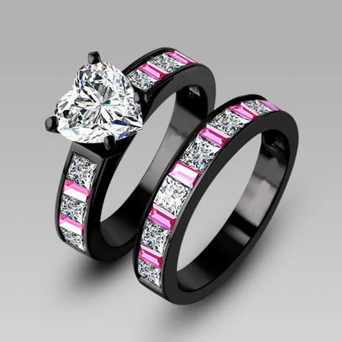 

choucong Engagement Pink sapphrie 5A Zircon stone 10KT Black Gold Filled 2-in-1 Women Wedding band Ring Set Sz 5-11 Gift