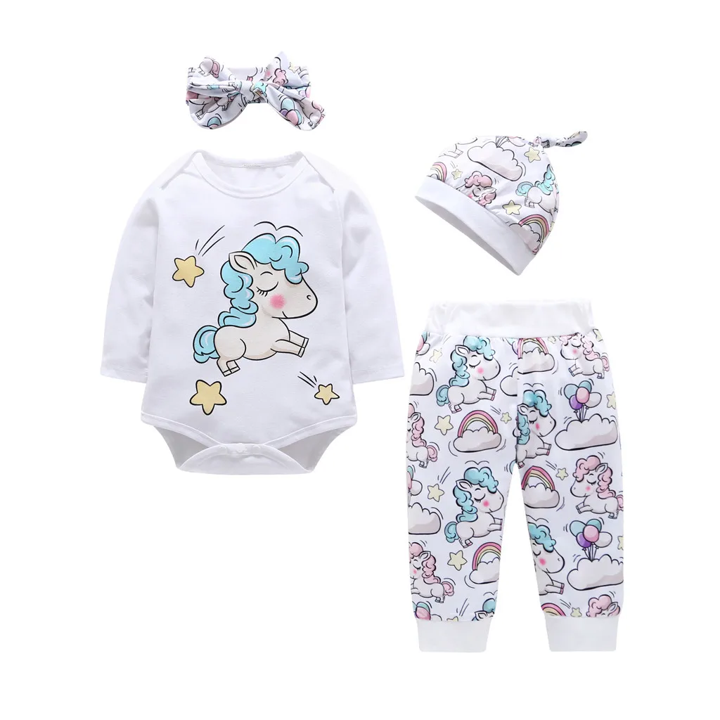 

4PC Autumn Baby Girl Boy Clothes Sets Infant Newborn Outfit Cartoon Pint Romper Tops+Pants+Hat+Headband Fashion kit Dropshipping