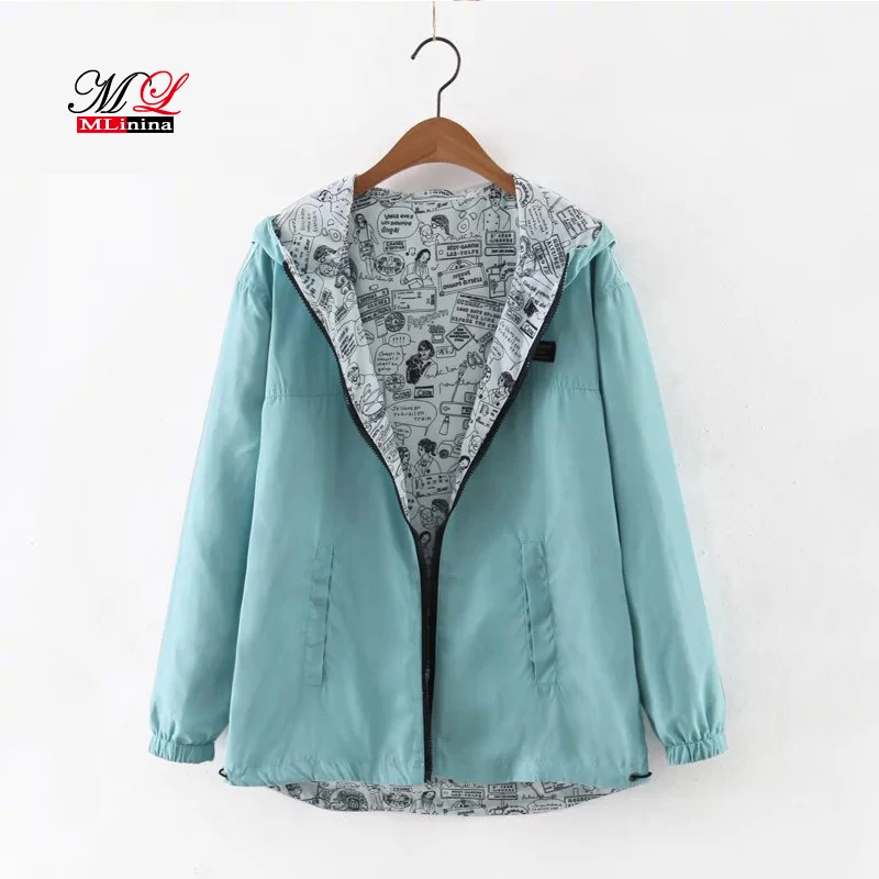 MLinina 2018 Autumn Women Bomber Basic Jacket Pocket Zipper Hooded Two Side Wear Cartoon Print Outwear Loose Coat windbreaker MLinina 2018 Autumn Women Bomber Basic Jacket Pocket Zipper Hooded Two Side Wear Cartoon Print Outwear Loose Coat windbreaker
