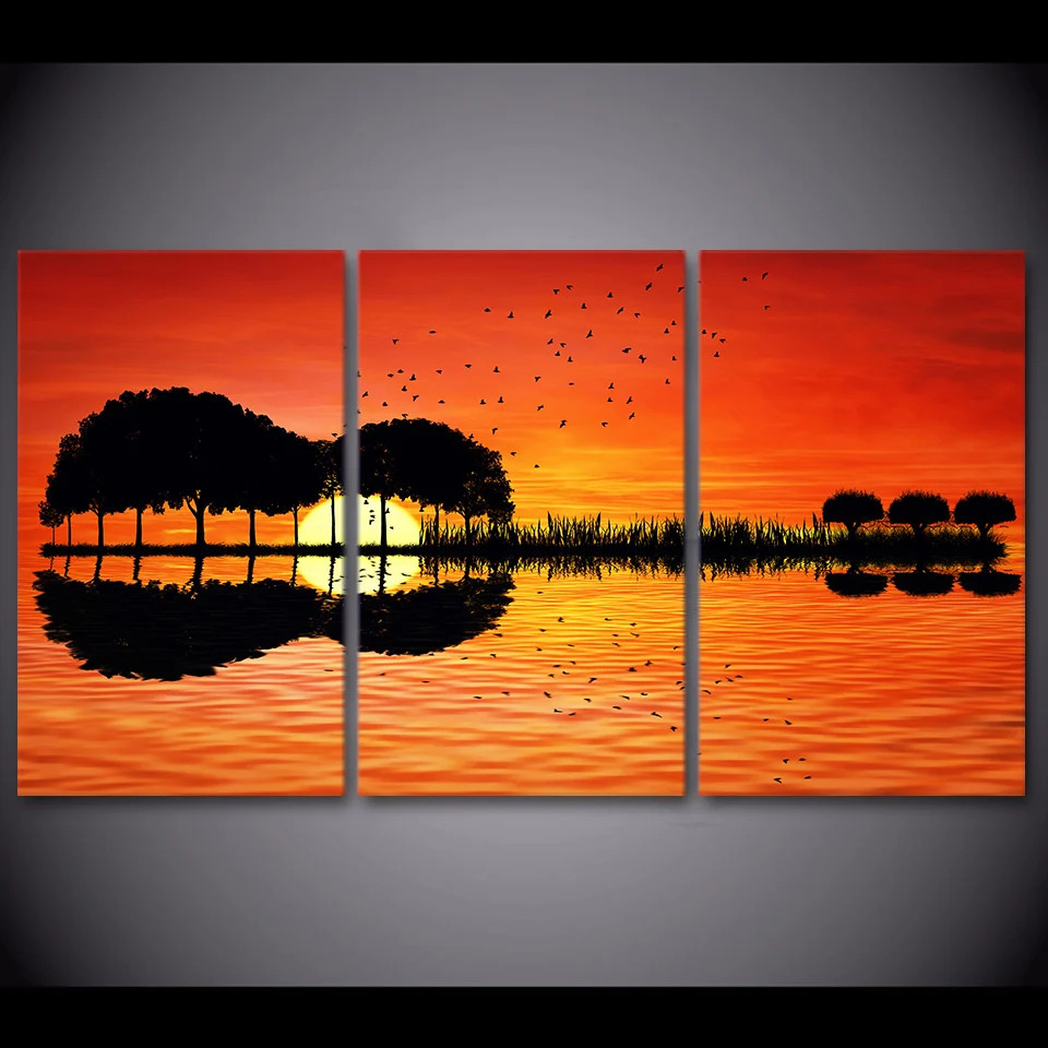 3 Pcs Guitare Arbre Lac Réflexion Coucher Du Soleil Toile