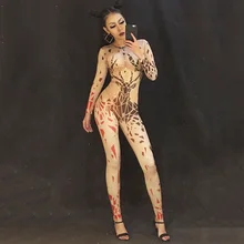 С длинным рукавом с рисунком лося для печати телесный Цвет комбинезон Одна деталь комбинезон сценический наряд выступление певицы-танцовщицы комбинезоны DNV10835