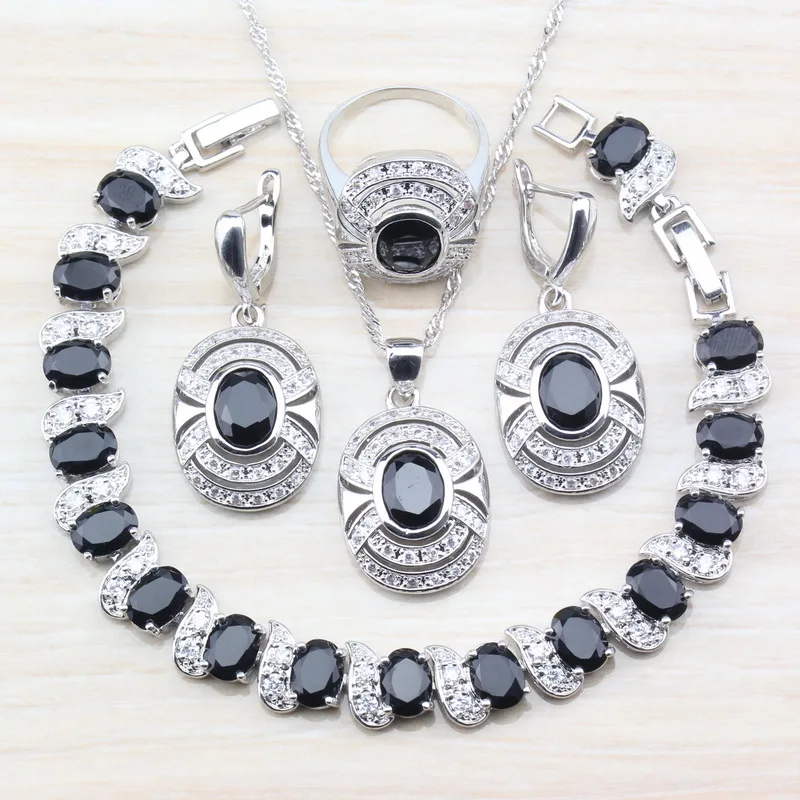 

Amazing 925 Sterling Silver Oval Black Zircon Women Fashion Costume Jewelry Sets Earrings/Pendant&Necklace/Bracelet/Ring T164