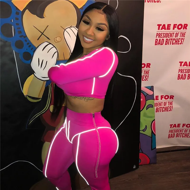 

Reflective set Woman Tracksuit Fluorescence Casual Two Piece Set Square Neck Long Sleeve Crop Top + Fitness Pants Outfit