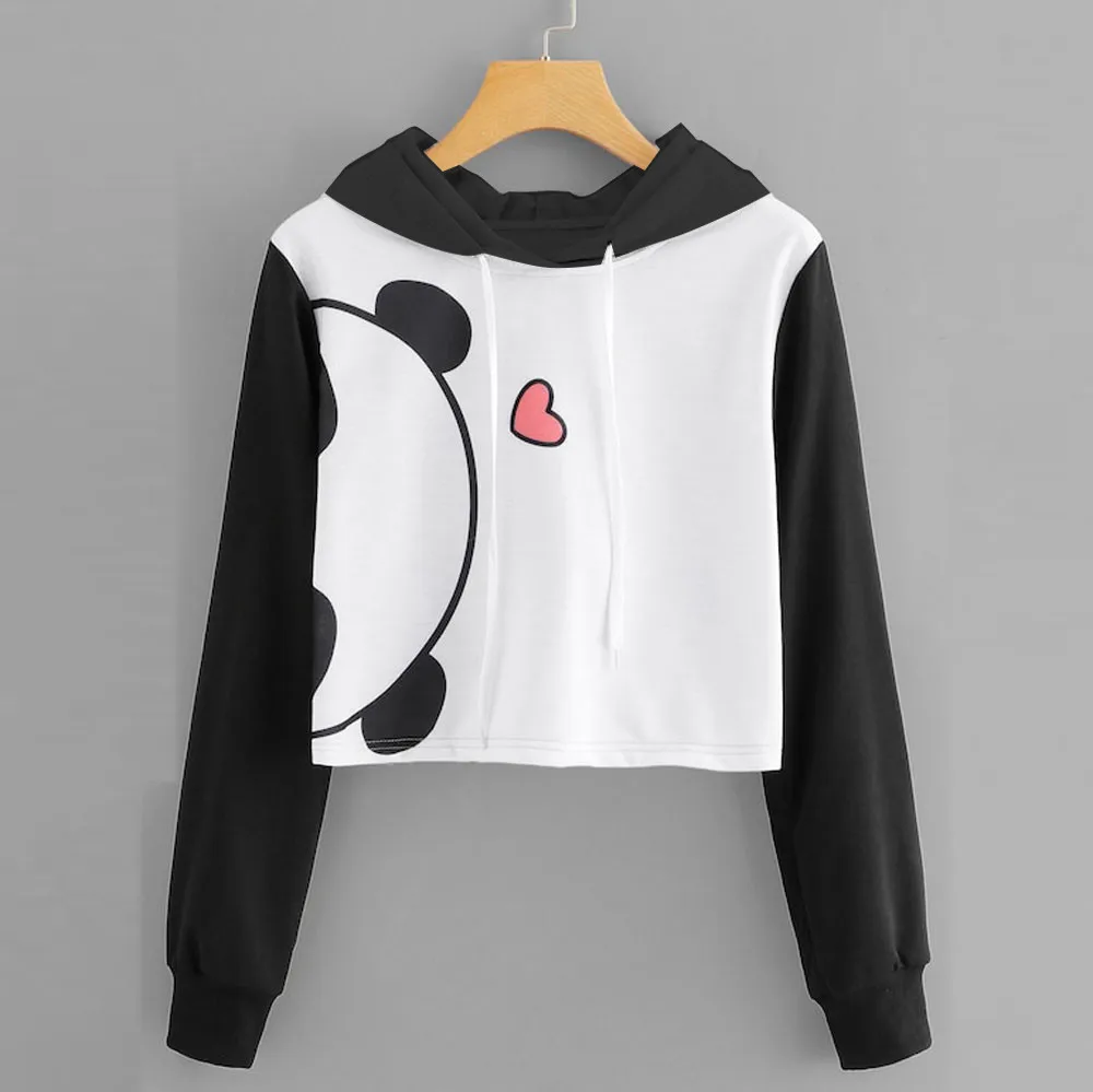 

Autumn Crop Hoodies Sweatshirts Women Cute Panda Print Long Sleeve Hooded Crop Pullover Tops Harajuku Sudadera Mujer Moletom New