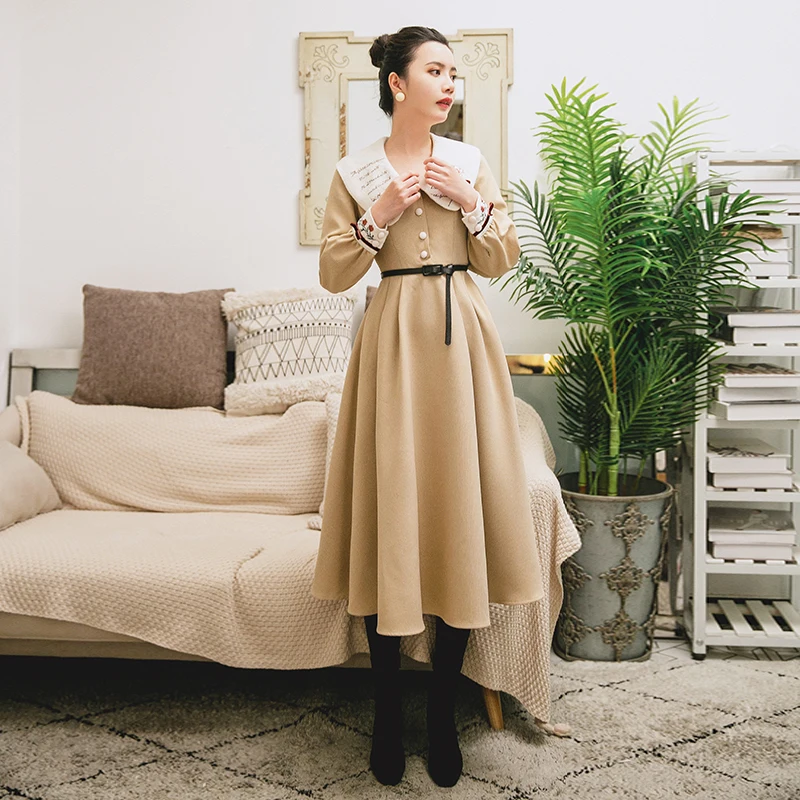 

2019 new fashion women's dresses female autumn and winter vintage retro long-sleeved peter pan collar dress