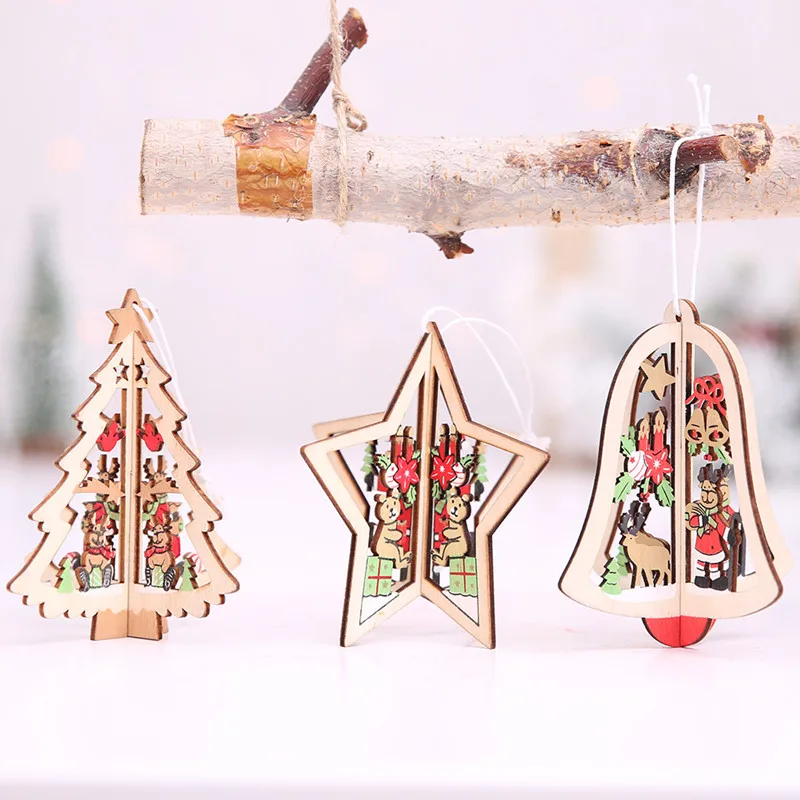 

New 1PC Christmas Tree Ornaments Hanging Xmas Tree Home Party Decor 3D Pendants High Quality Wooden Pendant Decoration Color