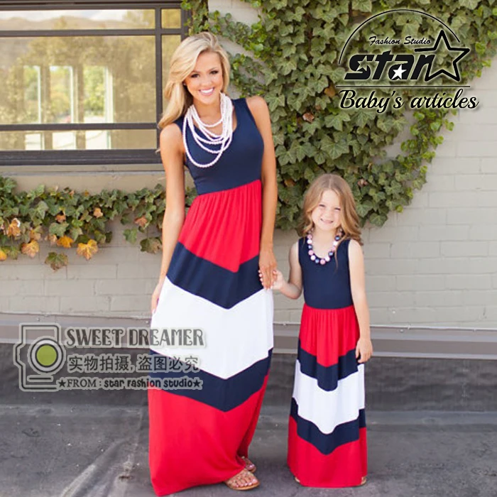 2016 Summer Mother Daughter Dress Stripe Matching Mommy Kids Clothes Family Look Mom And Daughter Dress