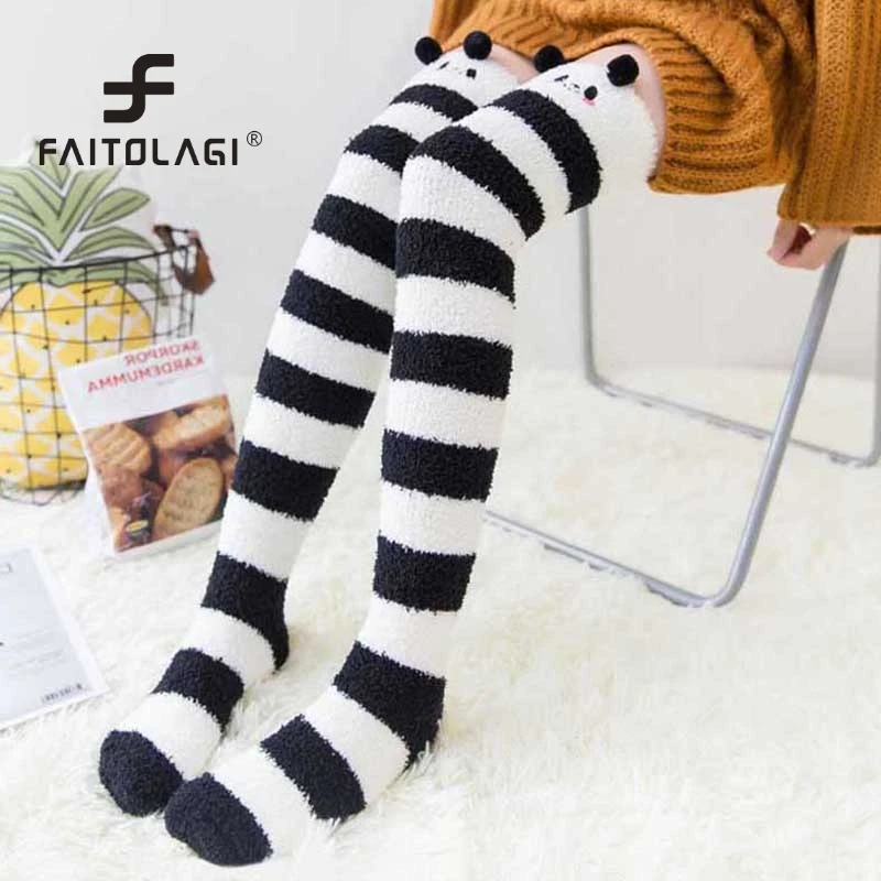 

Women's High Warm Winter Knee Socks Cartoon Animal Coral Fleece Socks Female Thick Terry Warm Stcocking Knee High Socks For Girl