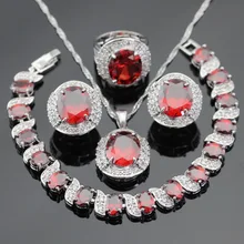 Red Creado Granate Piedras Blancas de Plata Juegos de Joyería Collar Colgante pendientes de Aro de Color Anillo de La Pulsera Para Las Mujeres Caja de Regalo Libre