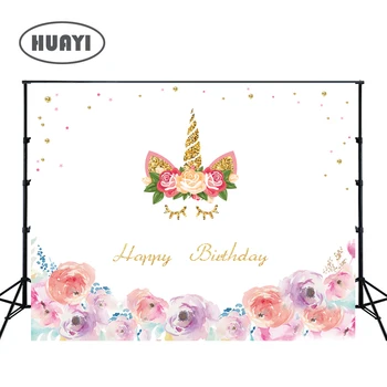 

photo backdrops Birthday banner golden unicorn birthday party background props for newborn customized pink rose flowers W-298
