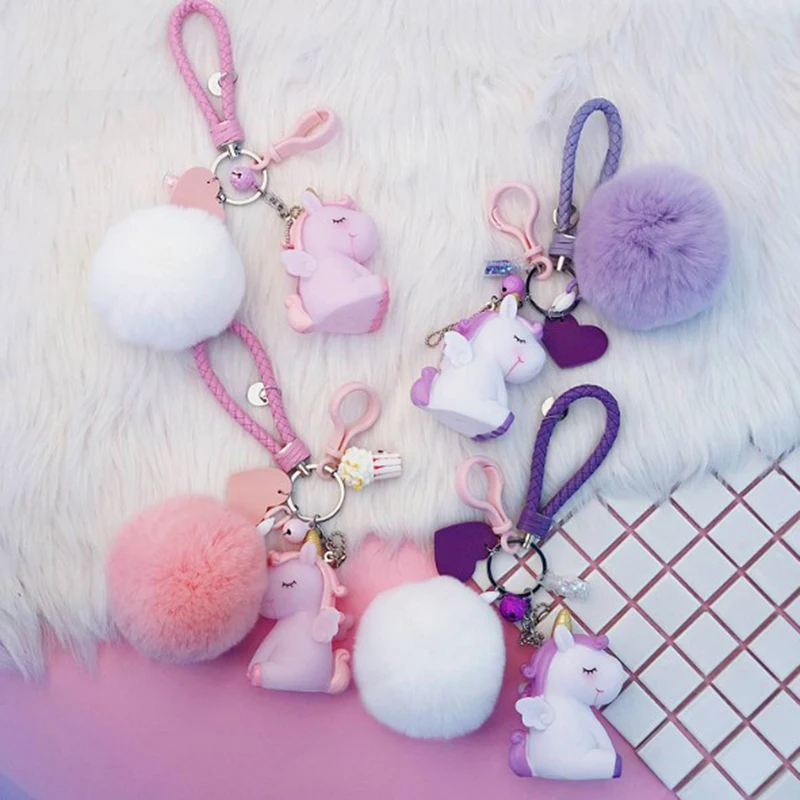 

1 Pc Pretty Cartoon Unicorn Plush Keychain Fur Ball Pompons Key Ring with Sound Car Purse Bag Pendant for Girls Plush Toy