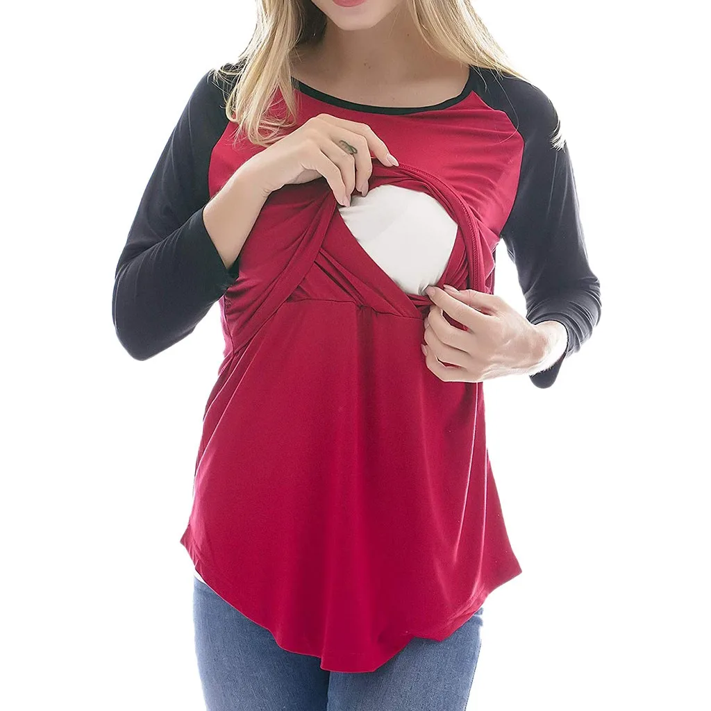 Maternity Womens Nursing Splice Long Sleeve Round Neck Breastfeeding Blouse Breastfeeding T-shirt Nursing Clothes for Women 2019