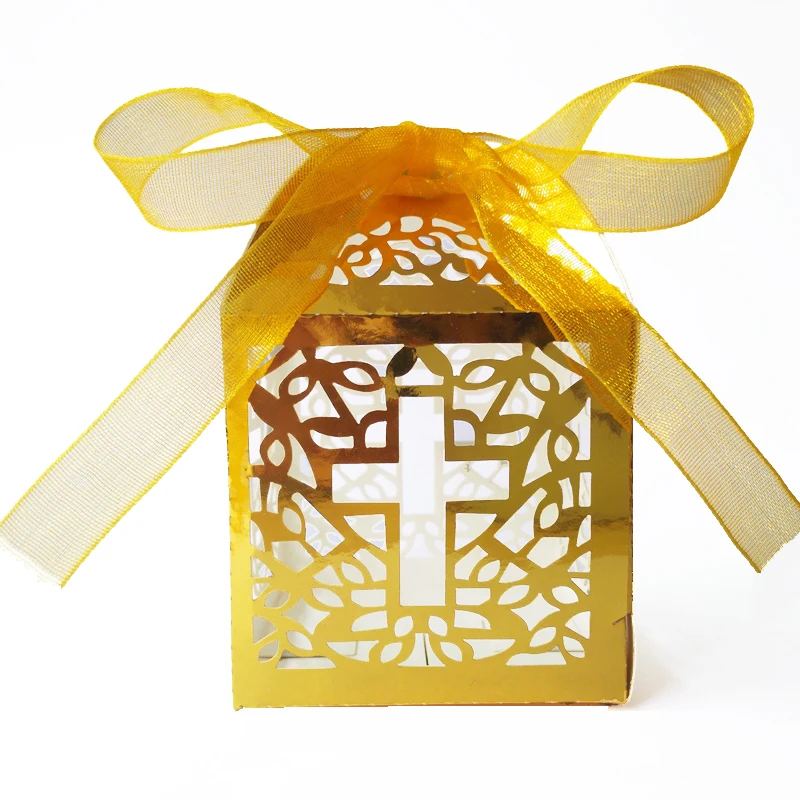 

50pc Golden Cross Candy Box For Baby Shower Gift Box For Baptism Birthday First Communion Christening Wedding Box 5x5x8cm