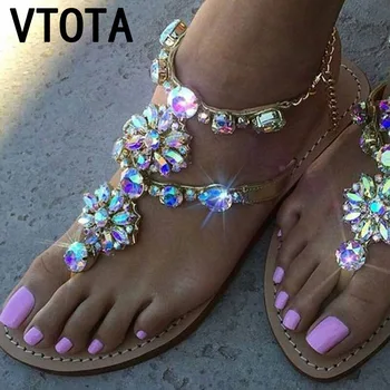 

VTOTA Woman Sandals Crystal Chains Thong Gladiator Sandals Flat Rhinestones Comfortable Women Shoes Luxury Shoes Women Designers