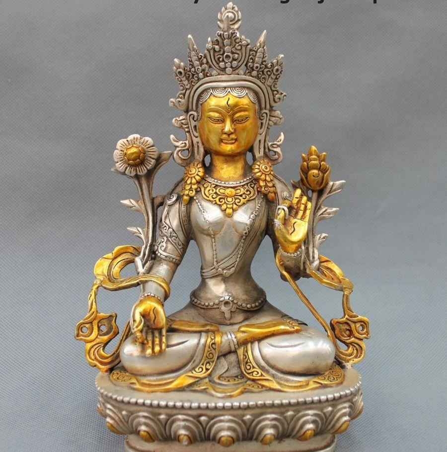 

20CM Tibetan Buddhism White Tara Kwan-yin Tibet silver gilt Goddess Statue