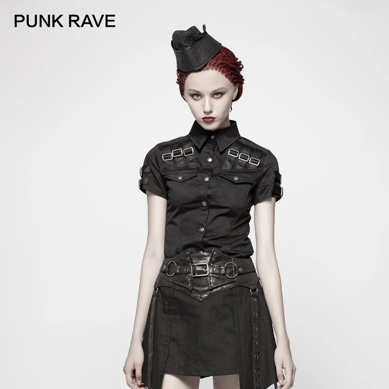 

PUNK RAVE New Punk Style Military Woman Short Sleeve Shirts Punk Slim Pocket Steampunk Black Cotton Blouse Handsome Women Tops