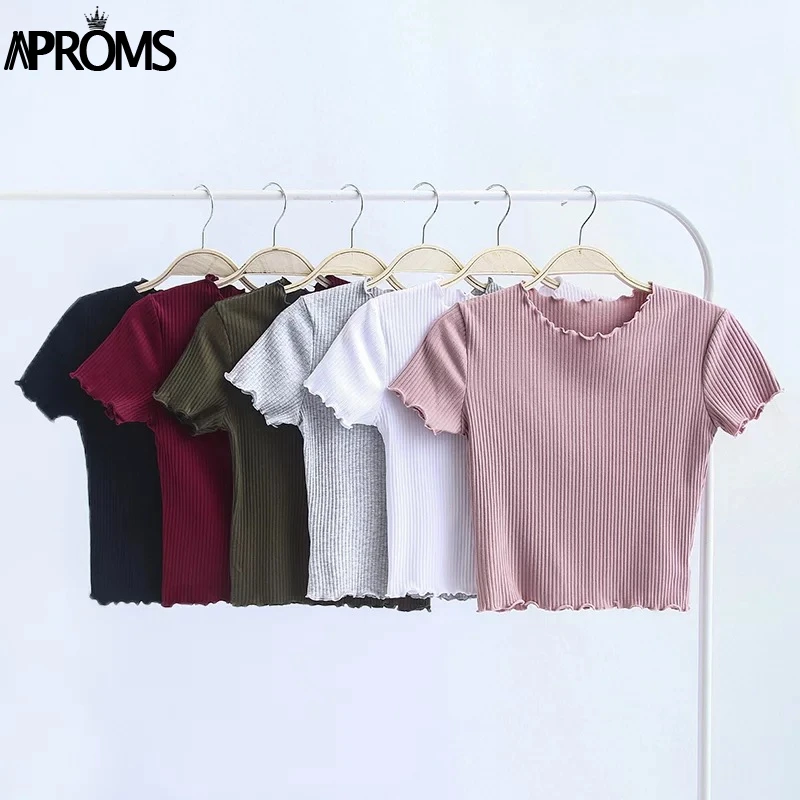 Aproms النساء الحلو محبوك قصيرة الأكمام تي شيرت 2019 الأساسية المحاصيل أعلى المحملة عارضة الأبيض تمتد T قميص الإناث أزياء الصيف أعلى