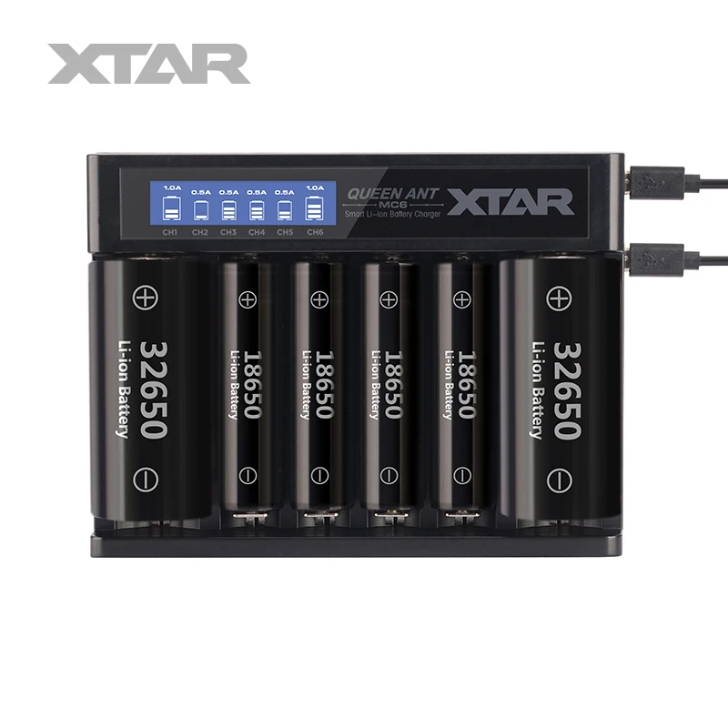 

Original XTAR QUEEN ANT MC6 6 Slots Dual USB Input Intelligent Battery Charger for 3.6v/3.7V Li-ion 18650 10440 22650 26650.