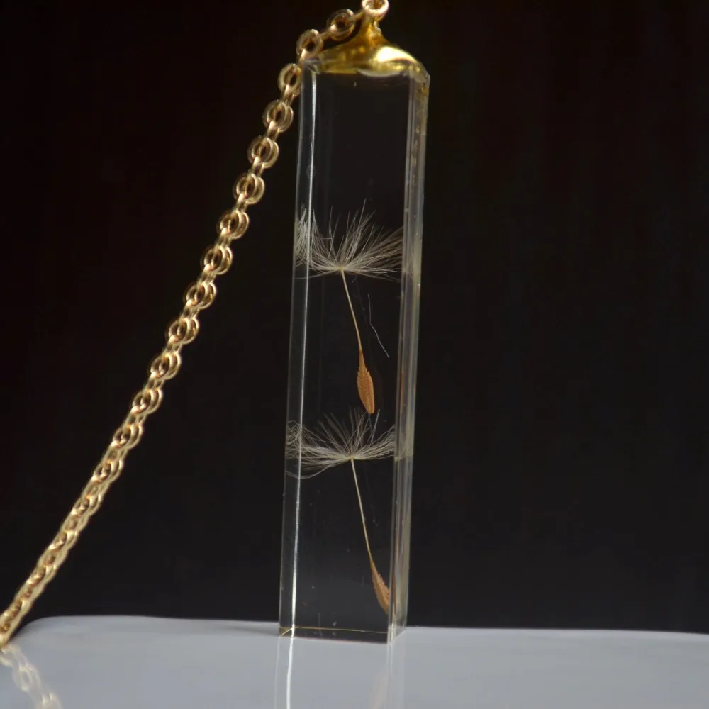 2 семян одуванчика сделать пожелание настоящий цветок прозрачный кубик смолы Золотой цвет кулон цепи длинное женское ожерелье, бохо ювелирные изделия