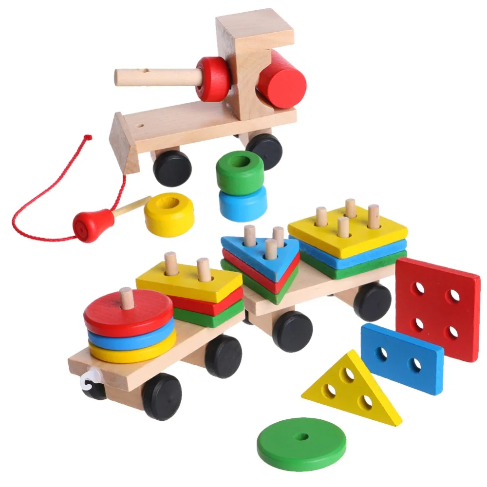 

2018 NEW M89CKids Baby Developmental Toys Wooden Train Truck Geometric Blocks Educational Toy