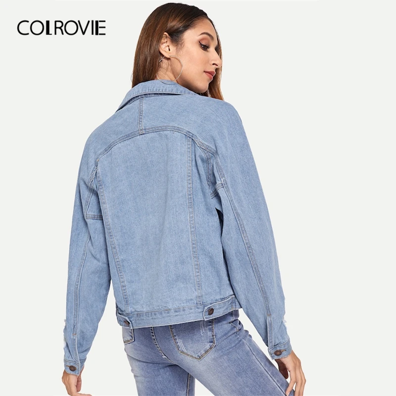 COLROVIE الأزرق واحد الصدر طوق جيب ممزق الجينز سترة الدنيم معطف المرأة 2019 الربيع أزياء السيدات جاكيتات ملابس خارجية