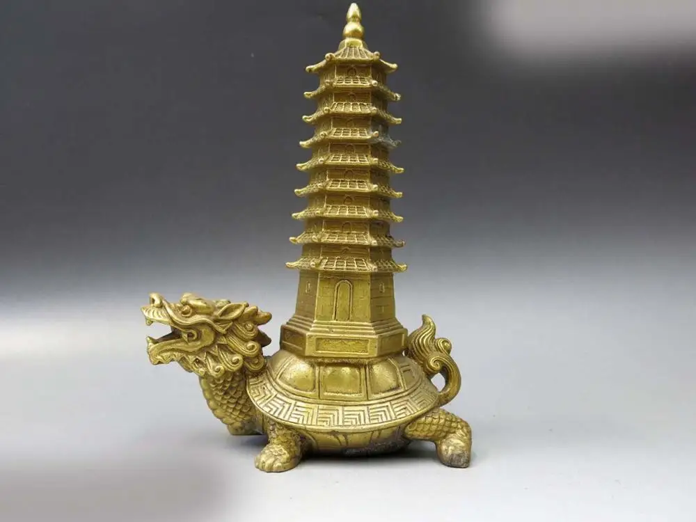 

DS China brass sculpture carved fine copper Feng Shui pagoda Dragon Turtle Statue